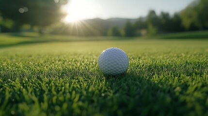 Close view of a golf ball on well-maintained green grass field
