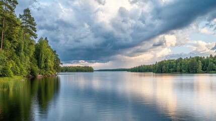 Calm lake surrounded by lush green forest under a dramatic cloudy sky.