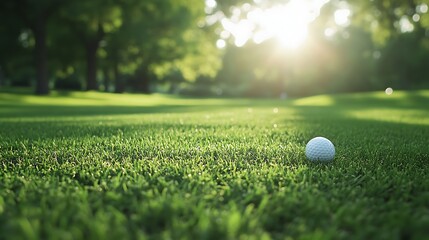 Close view of a golf ball on well-maintained green grass field