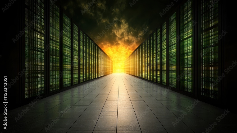 Aufkleber symmetrical rows of data servers with glowing green and yellow lights leading to a bright light sour