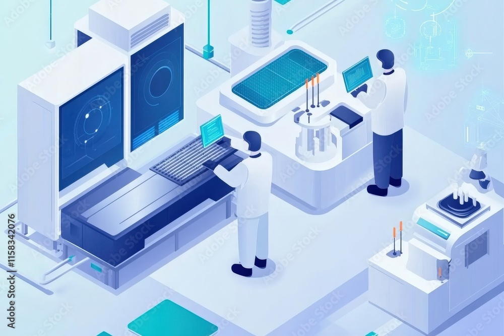 Poster modern laboratory scene featuring scientists engaged with advanced technology in a high-tech researc