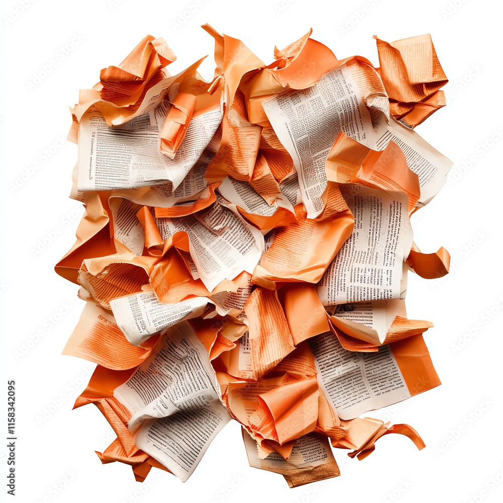 Poster crumpled paper pieces in shades of orange and white, creating a textured and abstract pattern on a w