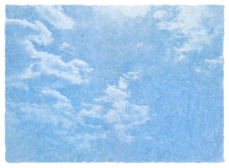 手漉きの和紙で描いた、凹凸感のある青い空と白い雲	