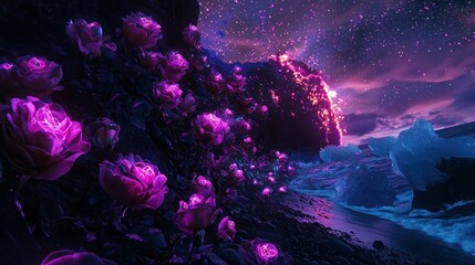 A surreal landscape featuring glowing purple roses against a starry sky and ocean backdrop.