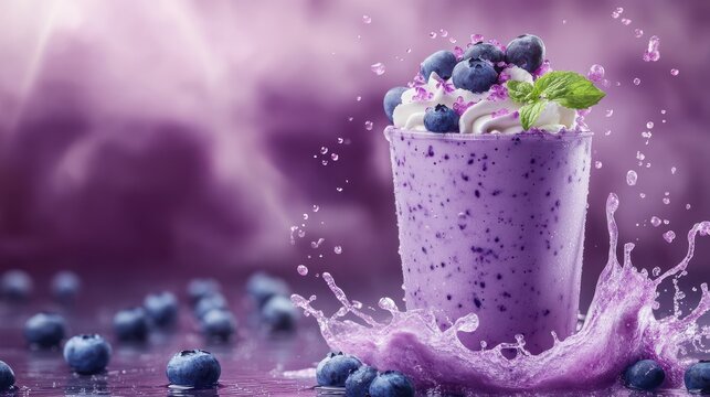 Delicious blueberry smoothies frappe with juice splash and swirling wave effect for drink menu drink poster cafe product menu banner mockup advertising blank business display template