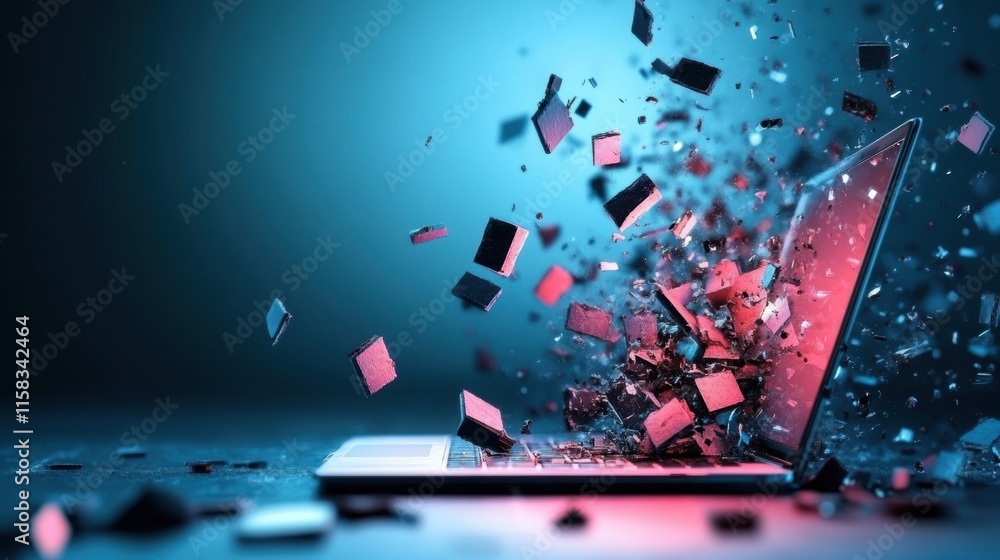 Poster exploding laptop with scattered red and black fragments on a blue background