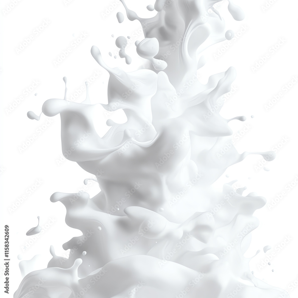 Poster a towering splash of white liquid creating dynamic shapes against a white background.