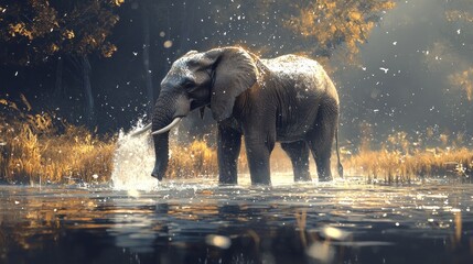 An elephant splashes water in a serene, sunlit landscape surrounded by tall grass.