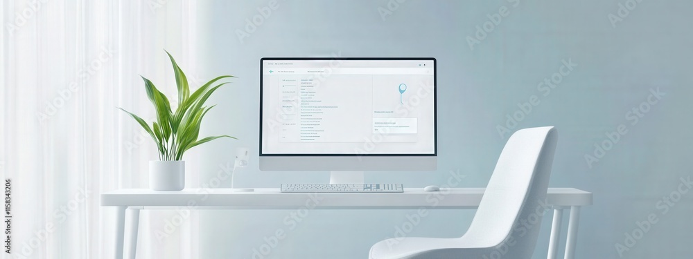 Aufkleber modern minimalist workspace with clean white desk, plant, and computer screen displaying user interf