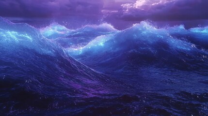A vibrant ocean scene with waves illuminated by purple and blue hues under a cloudy sky.