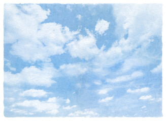 手漉きの和紙で描いた、凹凸感のある青い空と白い雲	