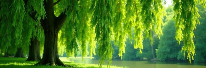 Fototapeta premium Weeping willow tree with lush green leaves and slender branches, green leaves, forest scenery