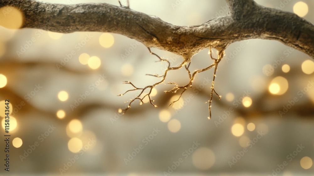 Poster branch with golden tips and soft bokeh lights on a neutral blurred background. macro shot photograph