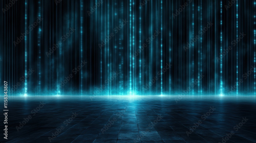 Poster abstract digital neon blue vertical lines on dark tiled floor. futuristic glowing pattern with depth