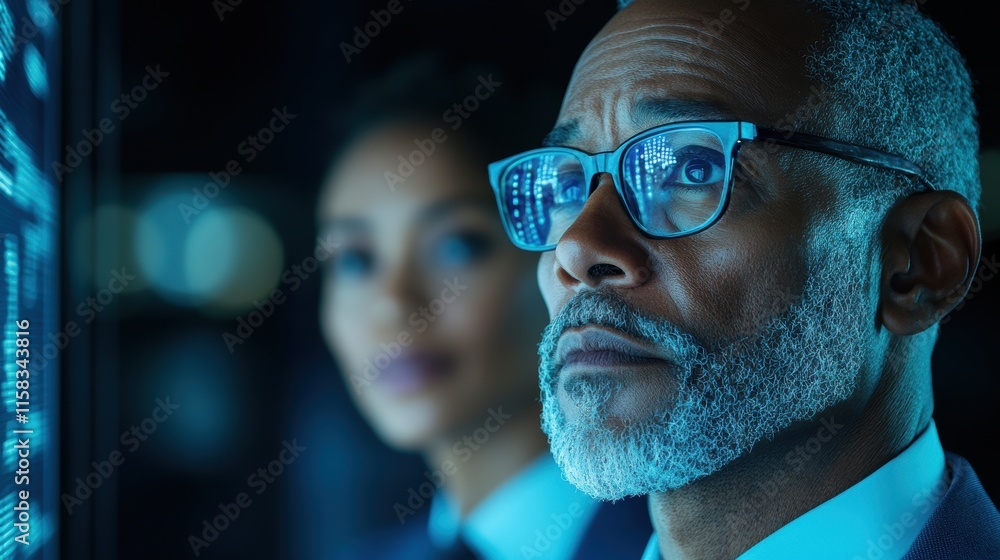 Aufkleber focused senior man with glasses analyzing digital data on screen with blurred colleague in backgroun