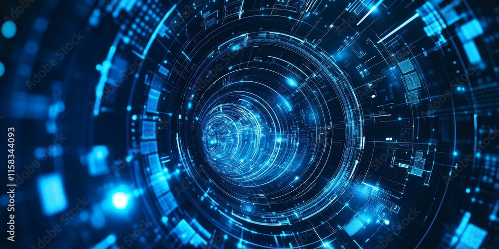 Poster abstract digital tunnel of glowing blue circles and lines.