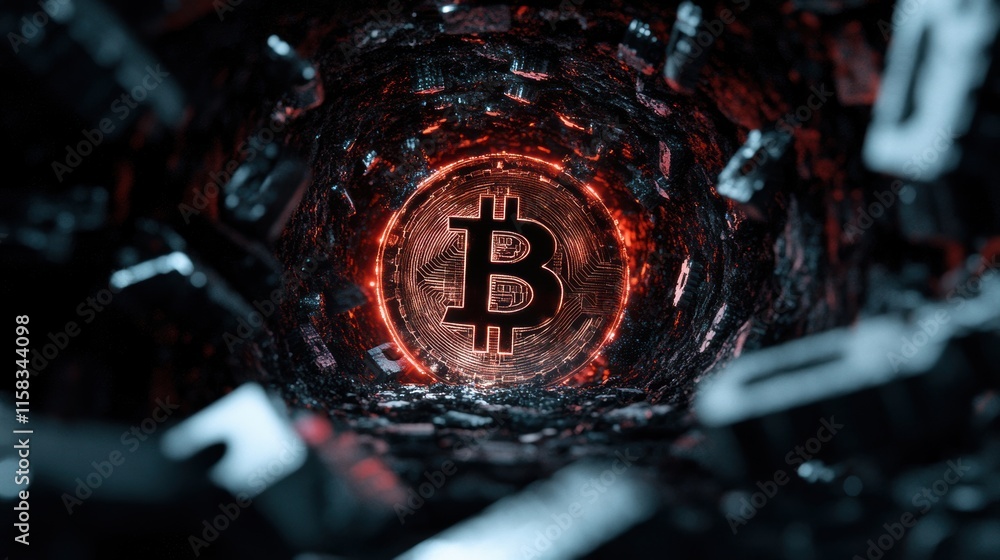 Poster close-up of glowing bitcoin symbol surrounded by abstract digital shapes and red light effects.