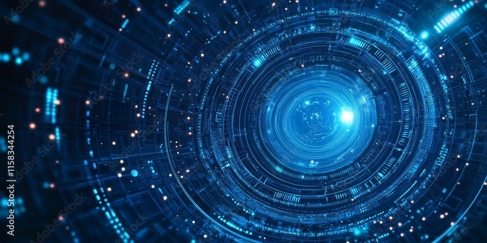 Poster abstract blue digital tunnel with glowing particles and lines.