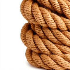 Fototapeta premium Coiled brown rope isolated on a white background, perfect for nautical or DIY project themes.