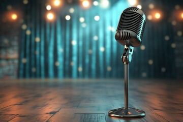 3D illustration of a microphone stand on a stage with a spotlight and curtain background, with copy space.