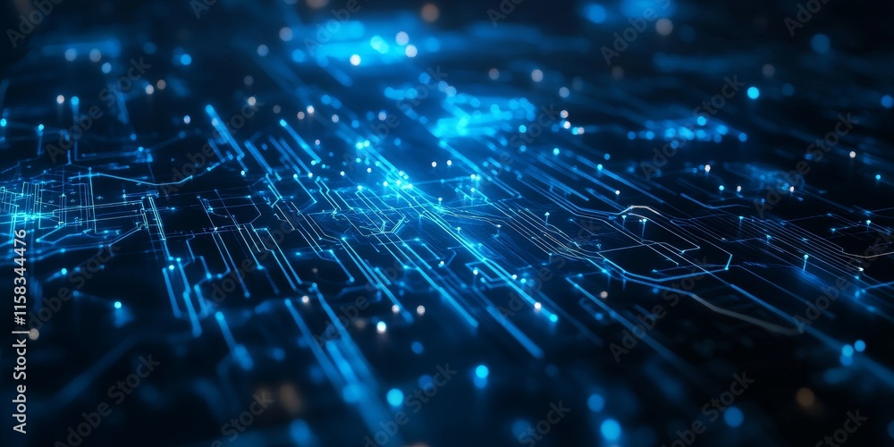 Poster abstract digital circuit board with glowing blue lines and nodes.