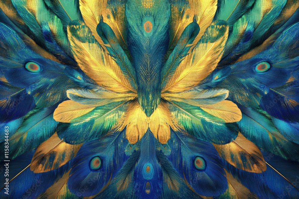 Fototapete colorful pattern of overlapping peacock feathers with ample space for add on text or graphics. gener
