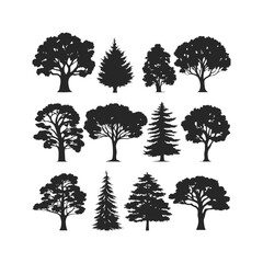Fototapeta premium Minimalist Tree Silhouette Vector Art Set Ideal for Nature, Environment, and Landscape Designs