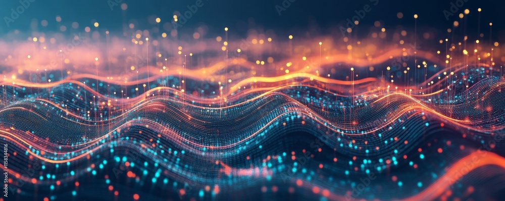 Poster abstract wavy digital data stream with glowing particles.