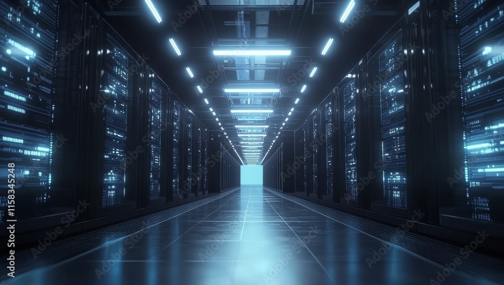 Poster futuristic server room corridor with glowing data displays.