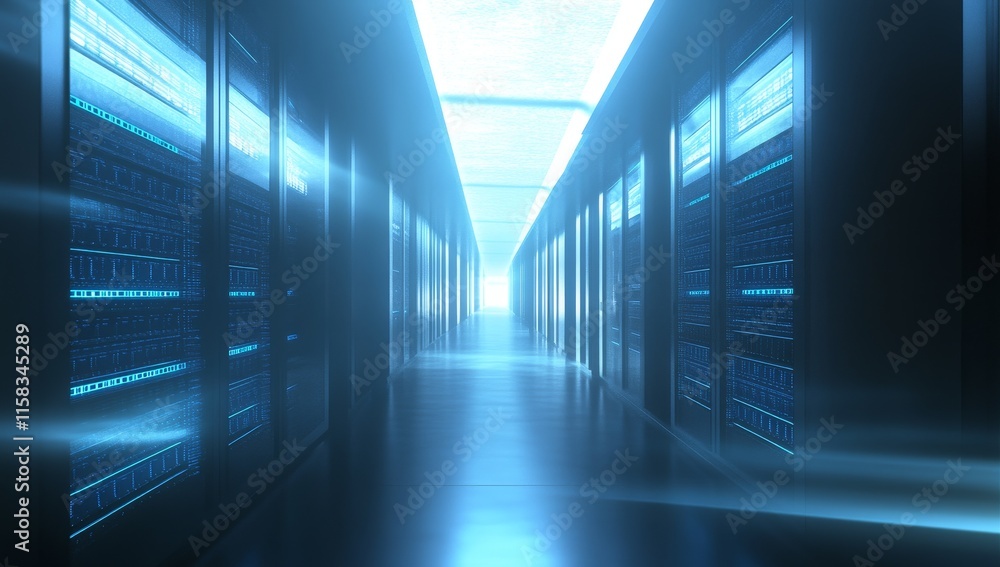 Poster futuristic server room corridor with glowing data displays. (1)