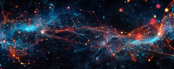 Abstract cosmic nebula with glowing particles and connected lines.