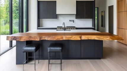 Stunning Live-Edge Wood Kitchen Island Photo: Modern Interior Design. AI Generated