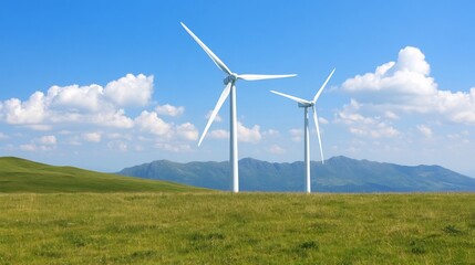 Fototapeta premium Wide Shot Photo: Clean Energy Wind Turbines Gracefully Turning in a Sunny Meadow Landscape. AI Generated