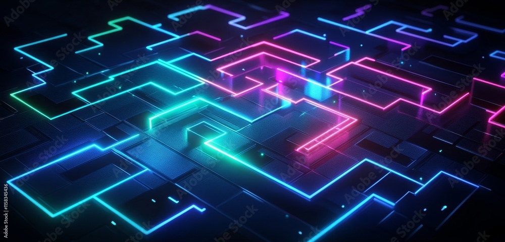 Poster Abstract neon glowing lines forming a complex maze pattern on a dark background.
