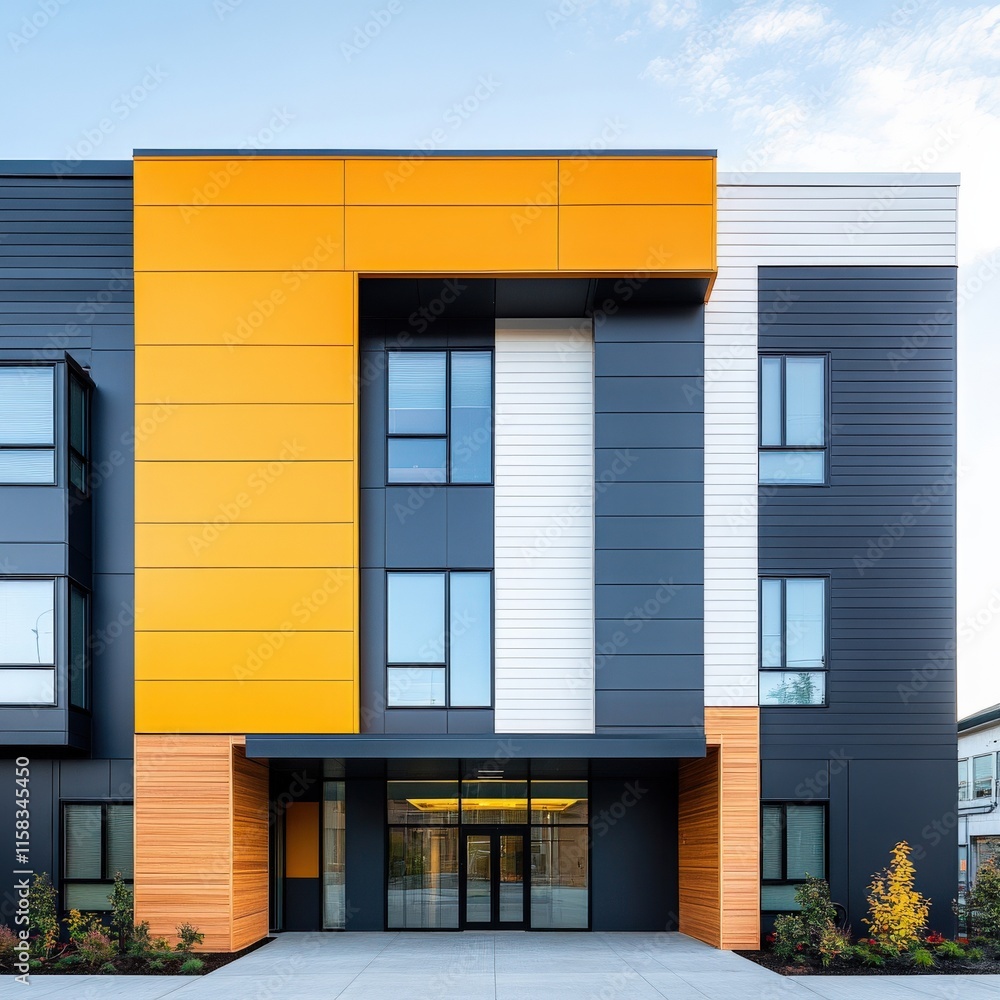 Poster modern architectural design featuring bold colors and clean lines with a contemporary building facad