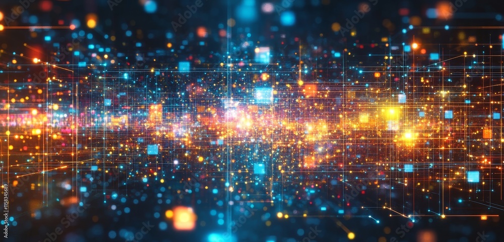 Poster Abstract digital data stream with glowing particles and lines.