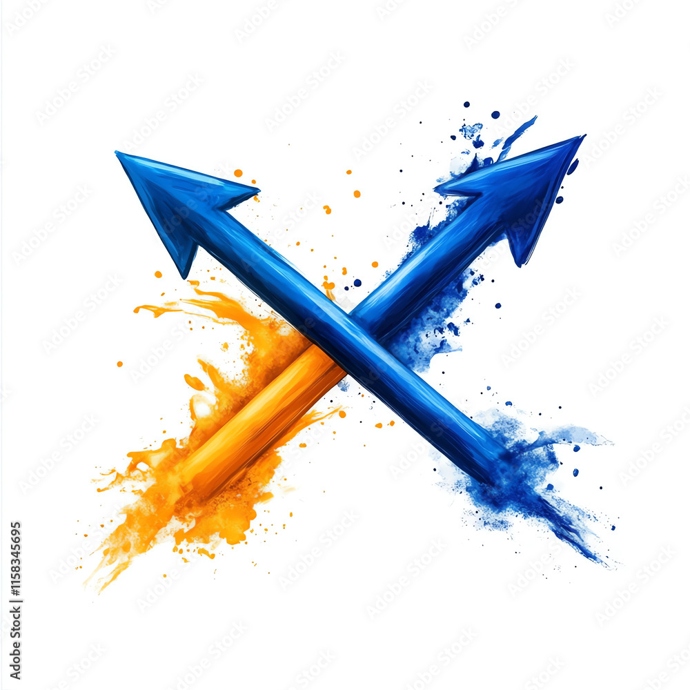 Poster dynamic crossed arrows in blue and orange, splashes of color create a vibrant visual effect, white i