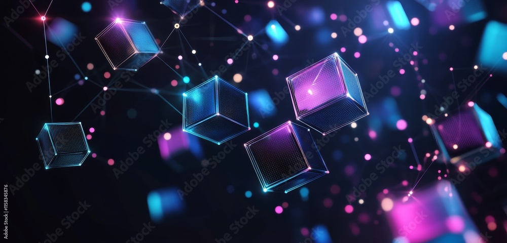 Poster abstract glowing cubes connected by lines in dark space.