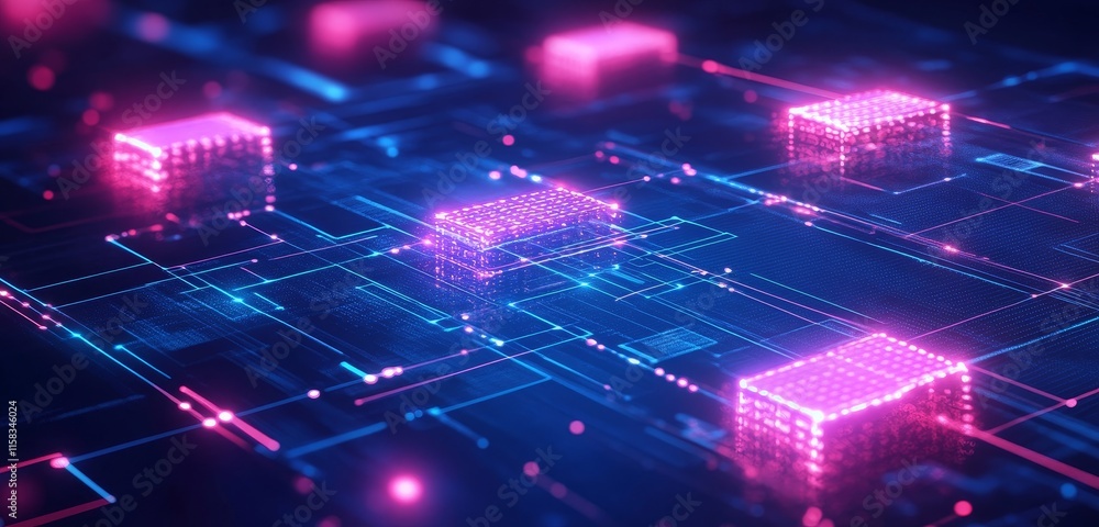 Poster abstract glowing digital circuit board with pink and blue illuminated cubes.