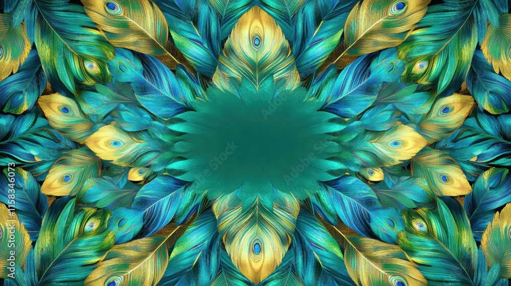 Poster pattern of vibrant overlapping peacock feathers with ample copy space for text and creative designs.