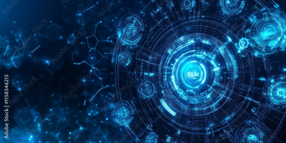 Poster Abstract digital data network glowing blue circles and nodes.