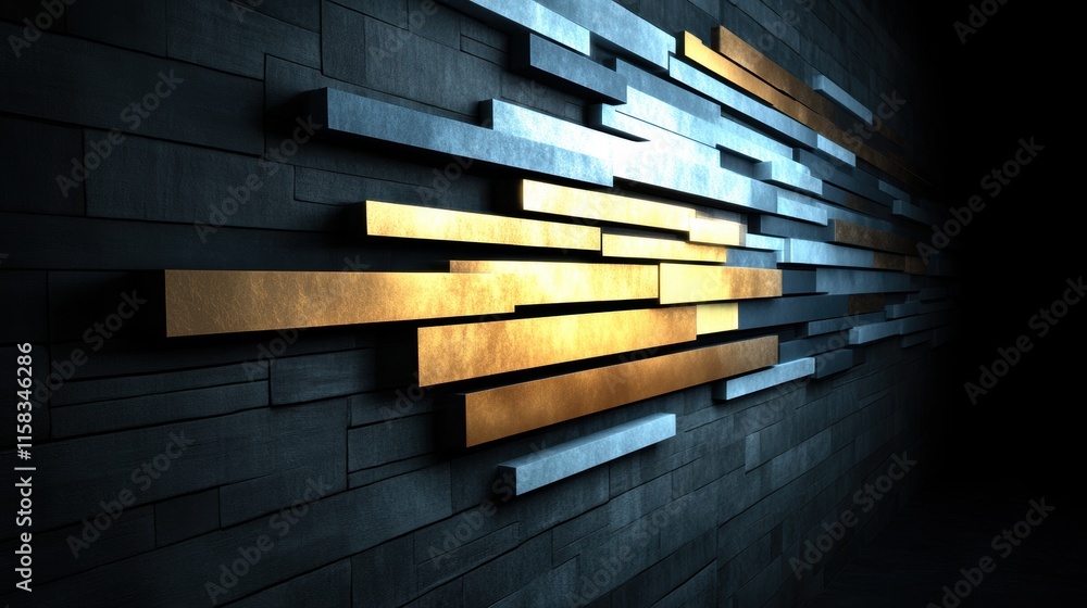 Poster abstract composition of overlapping metallic rectangles in golden and silver tones on a dark texture