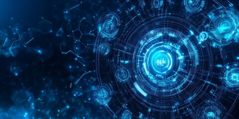 Abstract digital data network glowing blue circles and nodes.