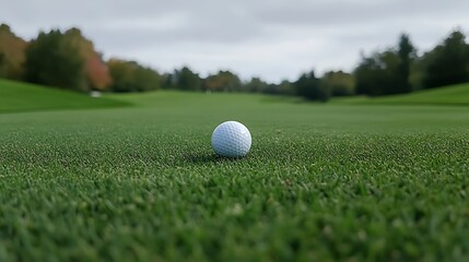 Golf ball perfectly aligned on green grass with a soothing backdrop