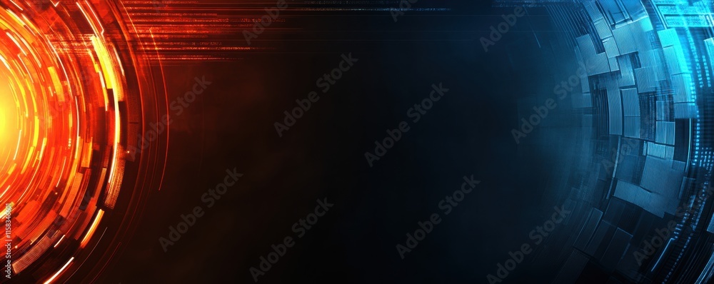 Aufkleber abstract futuristic design with red and blue circular digital elements on a dark background.