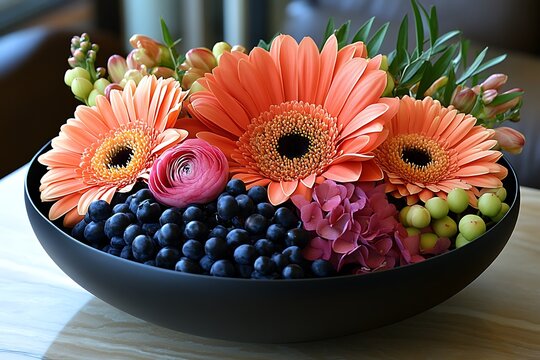 Vibrant Orange Gerbera Daisies and Berries in a Bowl