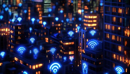Obraz premium A vibrant city skyline illuminated by blue Wi-Fi symbols, representing connectivity and modern technology in an urban environment.