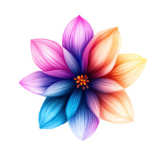 A vibrant, multicolored flower illustration with petals in shades of pink, blue, and orange on a white background.