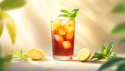Fototapeta premium Iced Coffee with Orange Slices and Mint in Bright Light