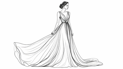Beautiful woman in long flowing dress in continuous line art drawing style. Girl wearing luxury evening or bridal gown. Minimalist black linear sketch isolated 